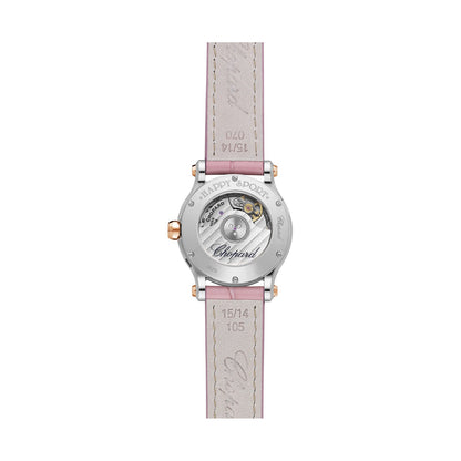 Chopard Happy Sport watch in 18k ethical rose gold and stainless steel with moving diamonds and sapphires, view 2