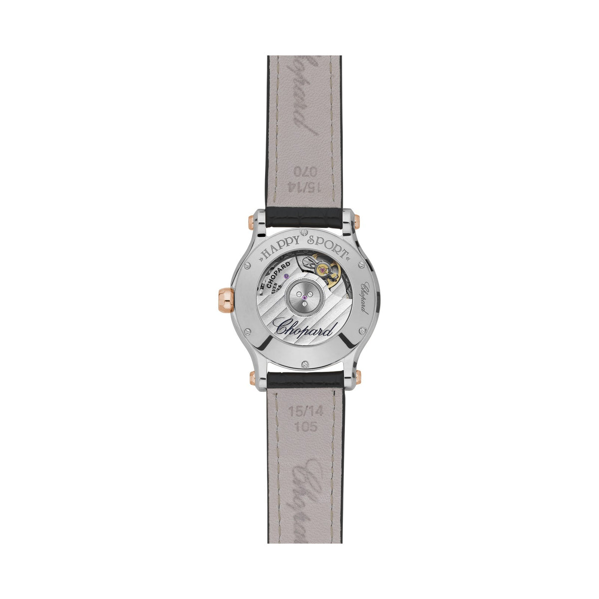 Chopard Happy Sport watch in 18k ethical rose gold and stainless steel with moving diamonds and sapphires, view 2