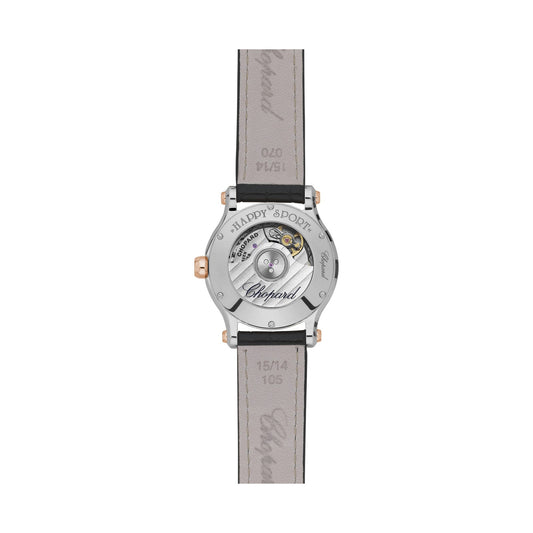 Chopard Happy Sport watch in 18k ethical rose gold and stainless steel with moving diamonds and sapphires, view 2
