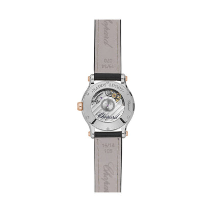 Chopard Happy Sport watch in 18k ethical rose gold and stainless steel with moving diamonds and sapphires, view 2