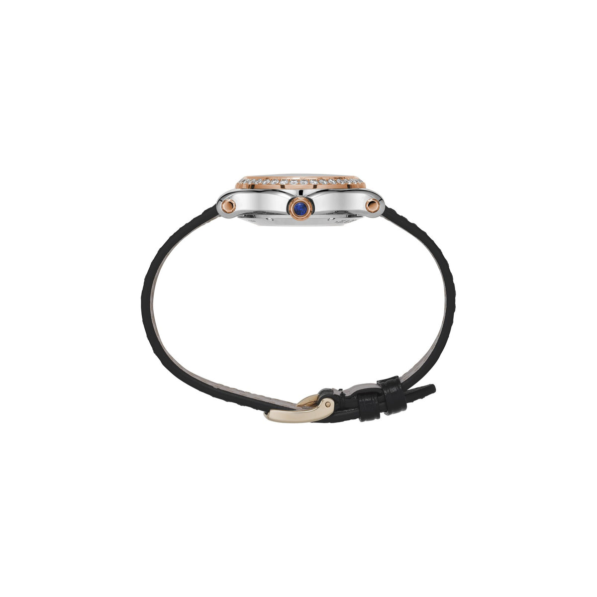 Chopard Happy Sport watch in 18k ethical rose gold and stainless steel with moving diamonds and sapphires, view 3