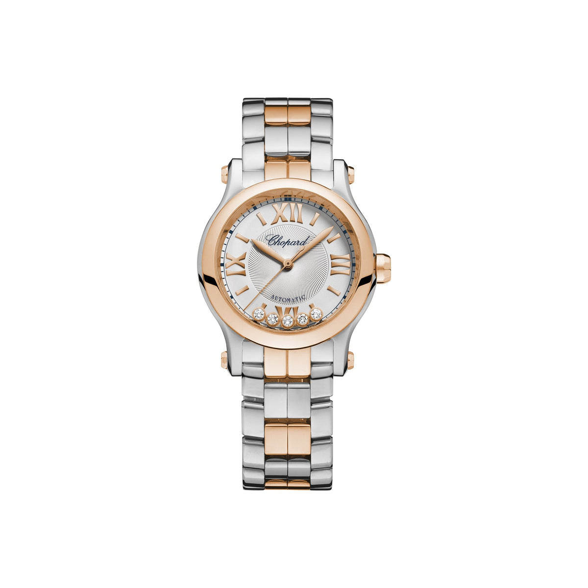 Chopard Happy Sport watch in 18k ethical rose gold and stainless steel with moving diamonds and sapphires