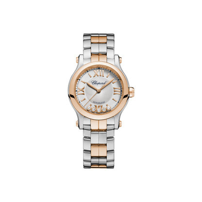 Chopard Happy Sport watch in 18k ethical rose gold and stainless steel with moving diamonds and sapphires
