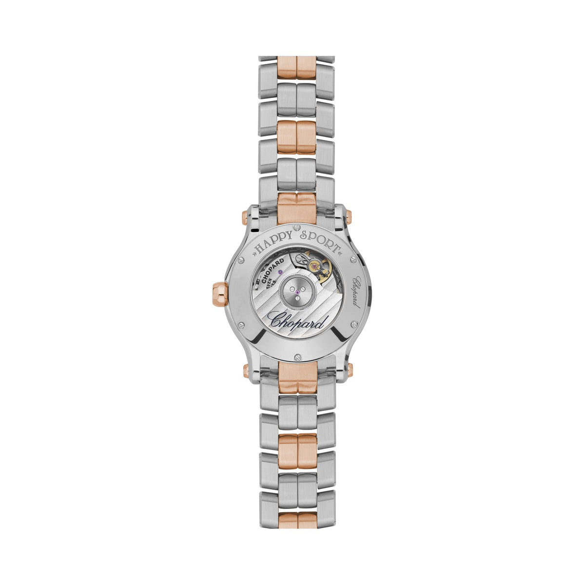 Chopard Happy Sport watch in 18k ethical rose gold and stainless steel with moving diamonds and sapphires, view 2