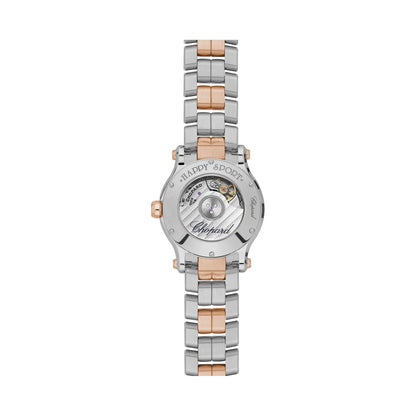Chopard Happy Sport watch in 18k ethical rose gold and stainless steel with moving diamonds and sapphires, view 2