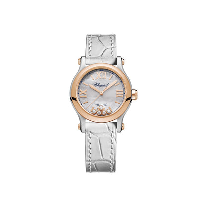 Chopard Happy Sport watch in 18k ethical rose gold and stainless steel with moving diamonds and sapphires