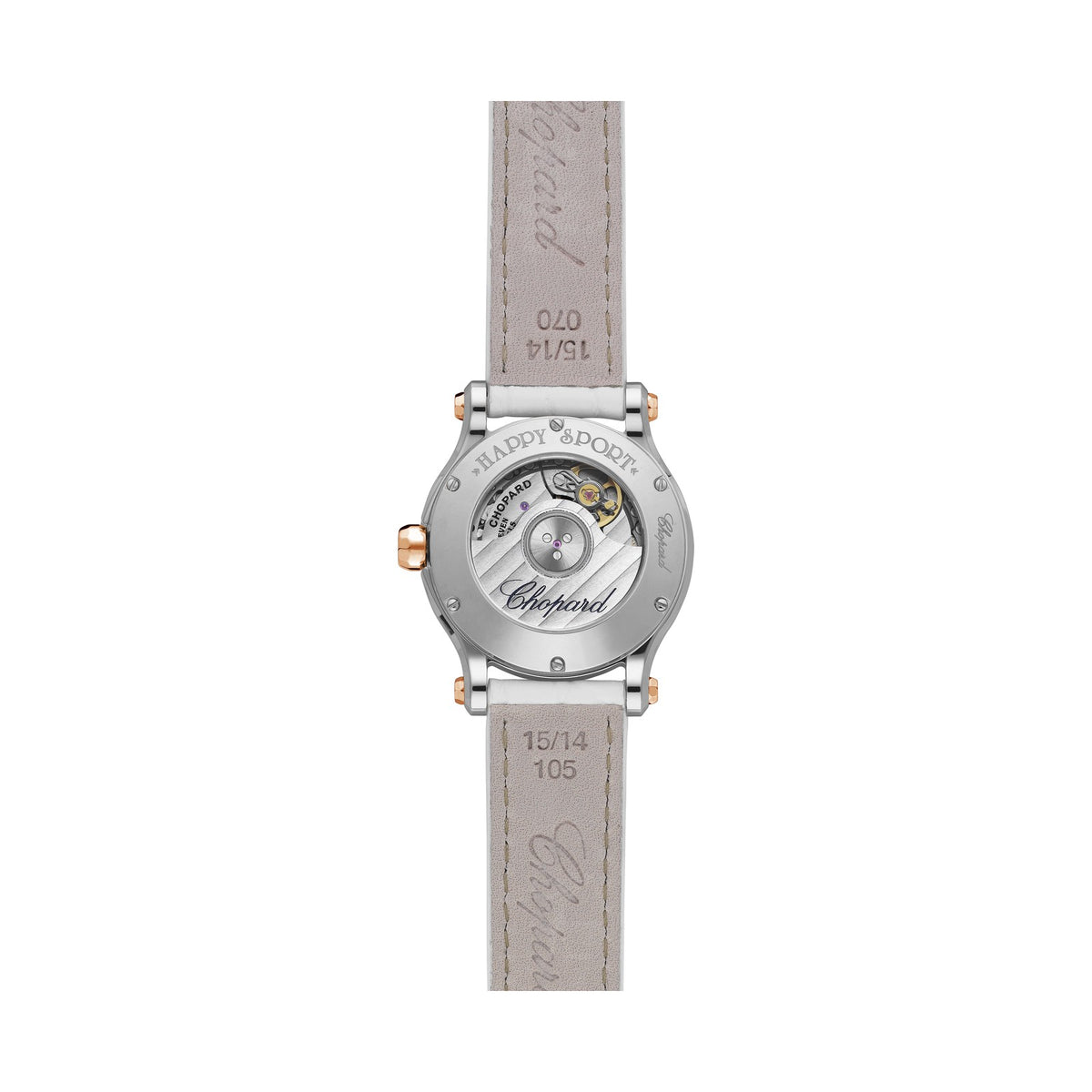 Chopard Happy Sport watch in 18k ethical rose gold and stainless steel with moving diamonds and sapphires, view 2