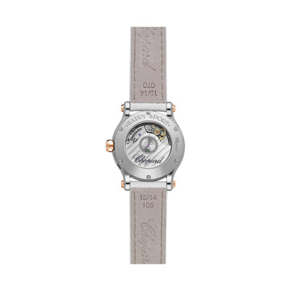 Chopard Happy Sport watch in 18k ethical rose gold and stainless steel with moving diamonds and sapphires, view 2