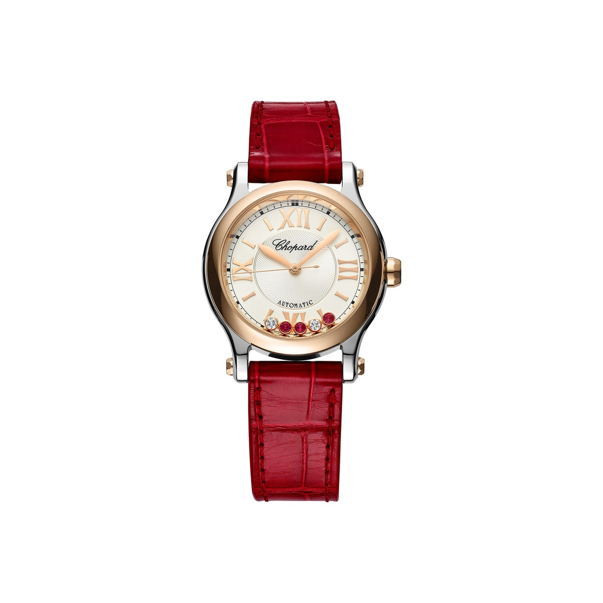 Chopard Happy Sport watch in 18k ethical rose gold and stainless steel with moving diamonds and rubies