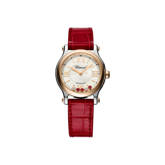 Chopard Happy Sport watch in 18k ethical rose gold and stainless steel with moving diamonds and rubies