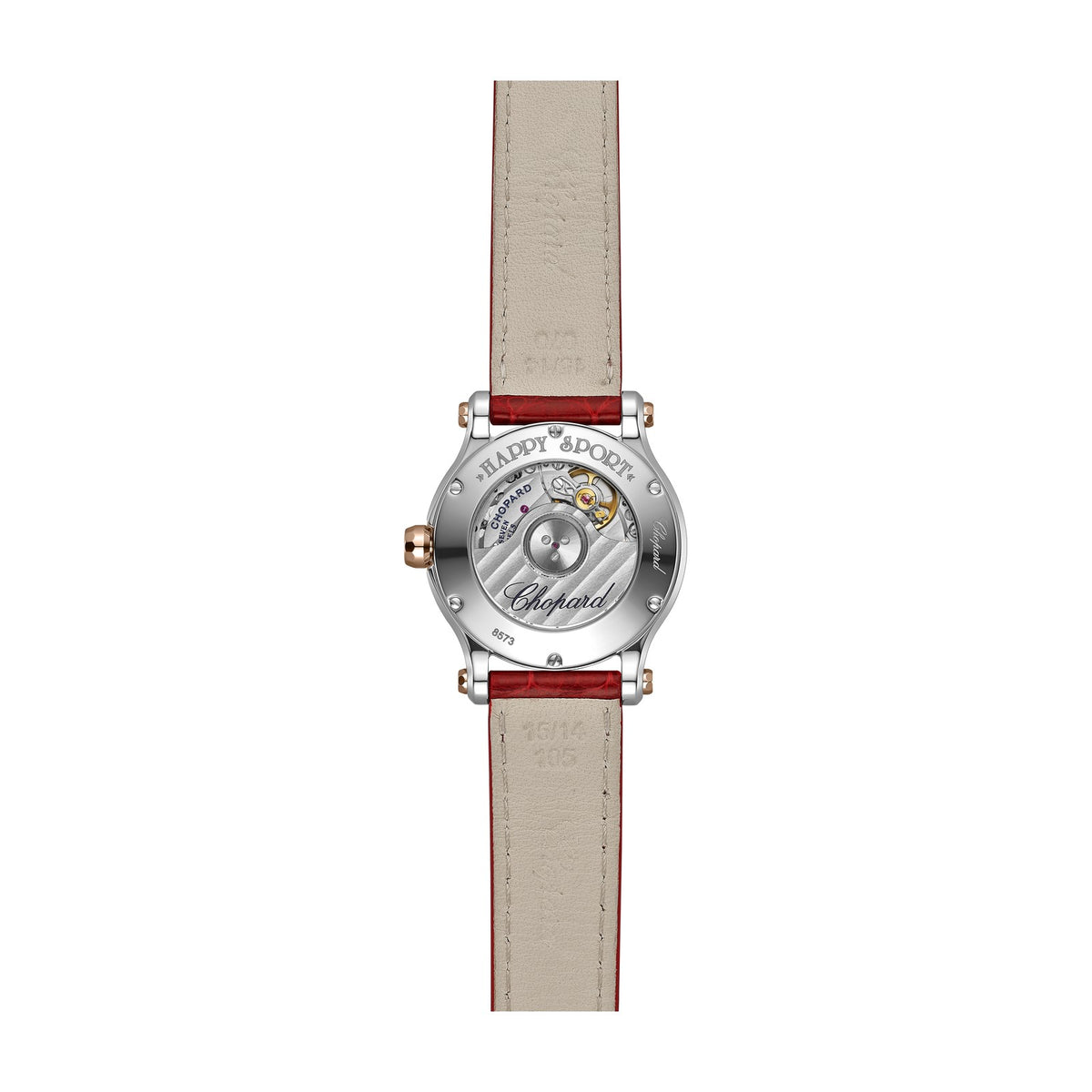 Chopard Happy Sport watch in 18k ethical rose gold and stainless steel with moving diamonds and rubies, view 2