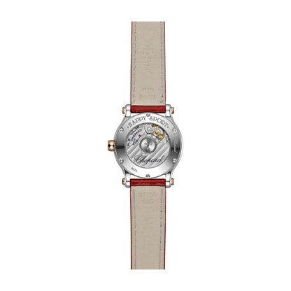 Chopard Happy Sport watch in 18k ethical rose gold and stainless steel with moving diamonds and rubies, view 2
