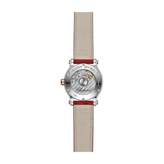 Chopard Happy Sport watch in 18k ethical rose gold and stainless steel with moving diamonds and rubies, view 2