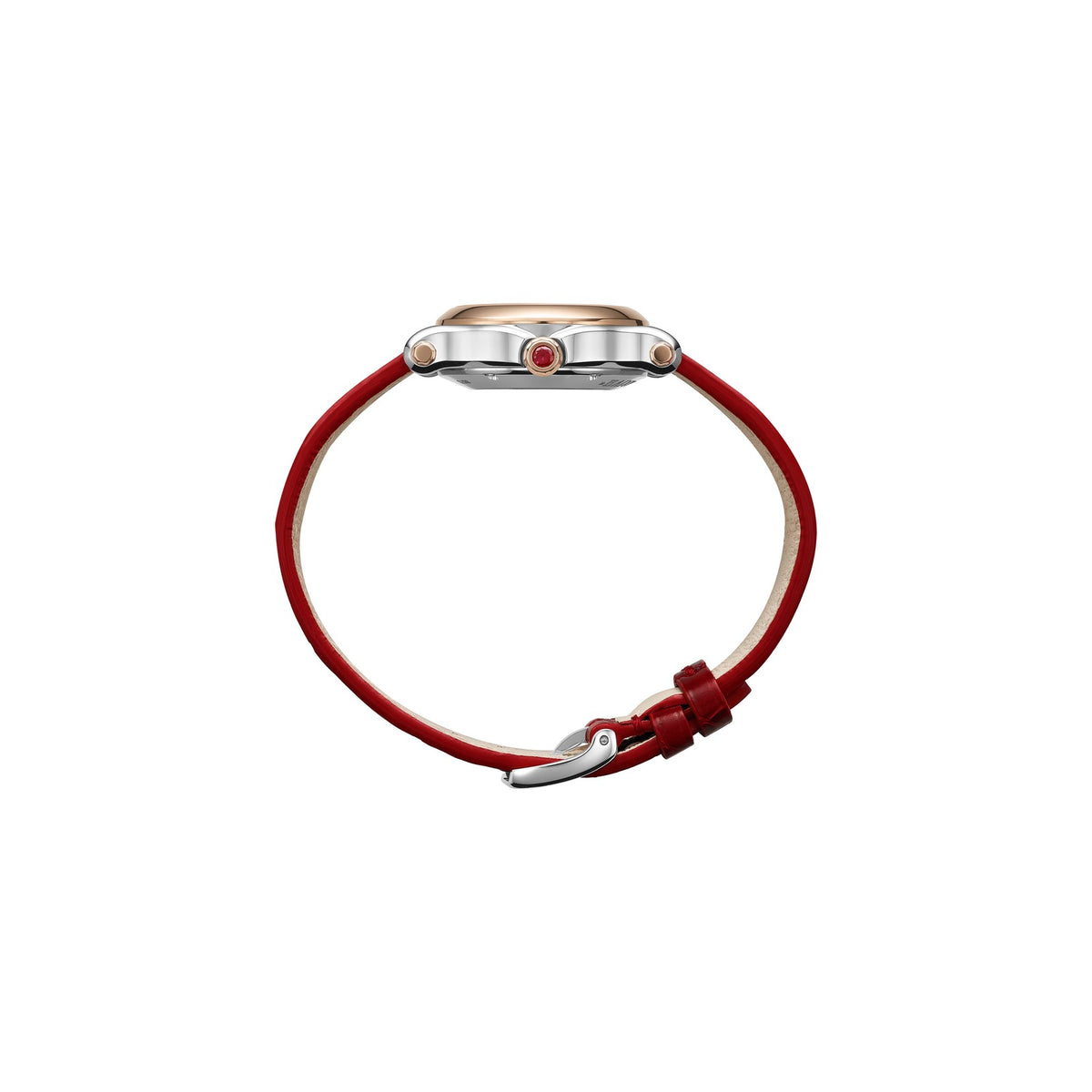 Chopard Happy Sport watch in 18k ethical rose gold and stainless steel with moving diamonds and rubies, view 3