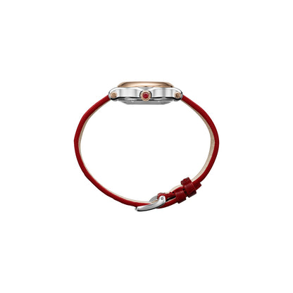 Chopard Happy Sport watch in 18k ethical rose gold and stainless steel with moving diamonds and rubies, view 3