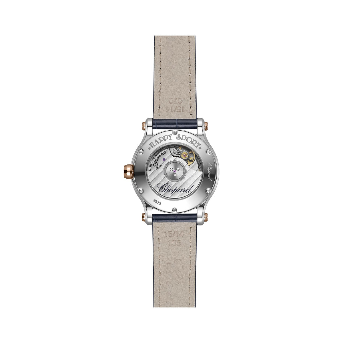 Chopard Happy Sport watch in 18k ethical rose gold and stainless steel with sapphires, view 2