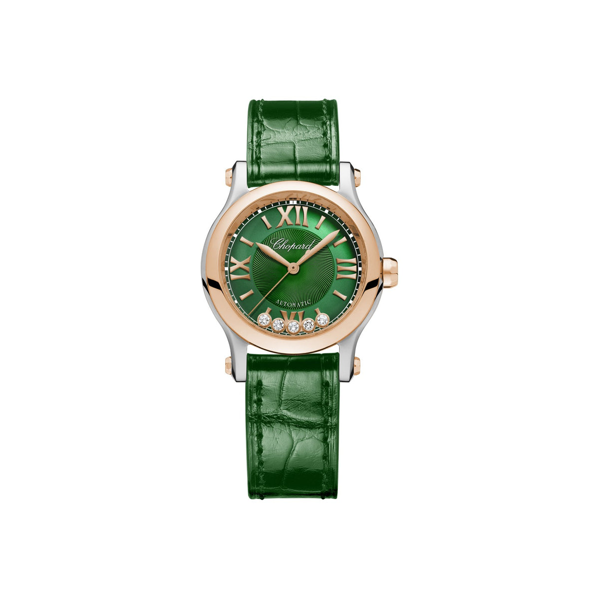 Chopard Happy Sport watch in 18k ethical rose gold and stainless steel with moving diamonds and tsavorites