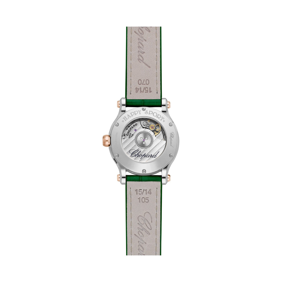 Chopard Happy Sport watch in 18k ethical rose gold and stainless steel with moving diamonds and tsavorites, view 2