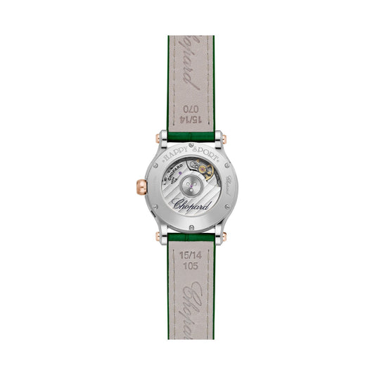 Chopard Happy Sport watch in 18k ethical rose gold and stainless steel with moving diamonds and tsavorites, view 2