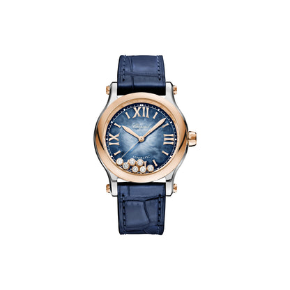 Chopard Happy Sport watch in 18k ethical rose gold and stainless steel with moving diamonds and sapphires
