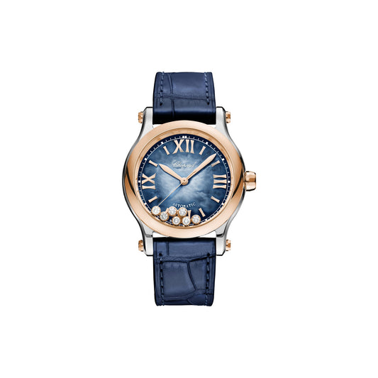 Chopard Happy Sport watch in 18k ethical rose gold and stainless steel with moving diamonds and sapphires