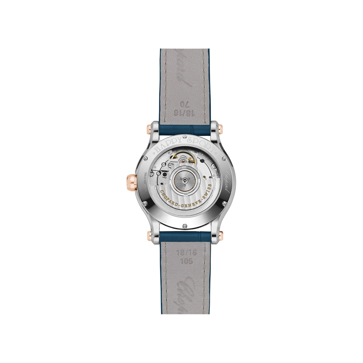 Chopard Happy Sport watch in 18k ethical rose gold and stainless steel with moving diamonds and sapphires, view 2