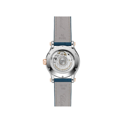 Chopard Happy Sport watch in 18k ethical rose gold and stainless steel with moving diamonds and sapphires, view 2