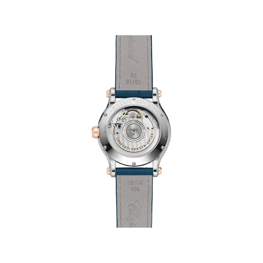 Chopard Happy Sport watch in 18k ethical rose gold and stainless steel with moving diamonds and sapphires, view 2