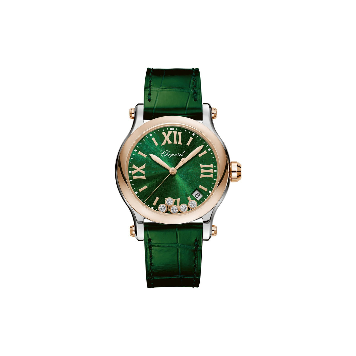 Chopard Happy Sport watch in 18k ethical rose gold and stainless steel with moving diamonds and sapphires