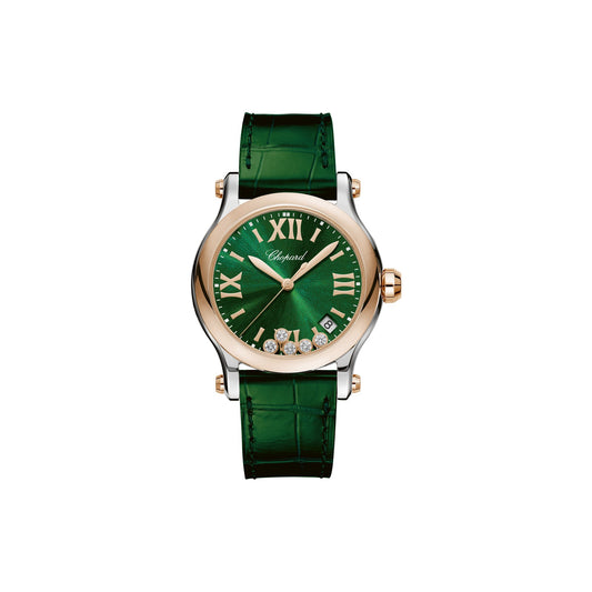 Chopard Happy Sport watch in 18k ethical rose gold and stainless steel with moving diamonds and sapphires