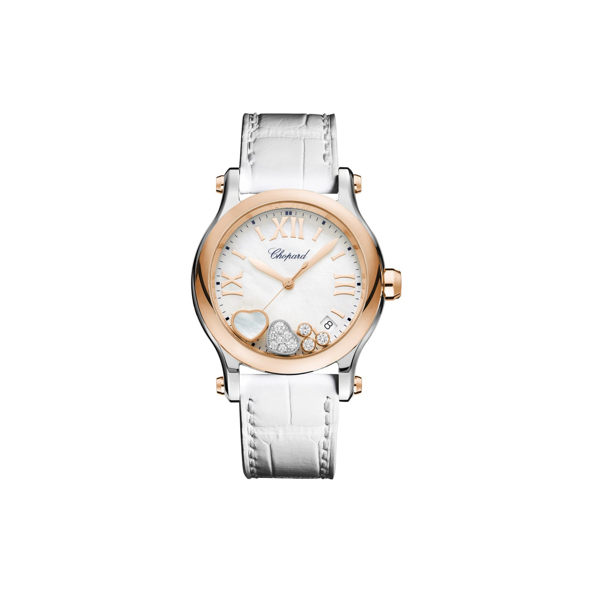 Chopard Happy Sport watch in 18k ethical rose gold and stainless steel with moving diamonds, sapphires and mother of pearl