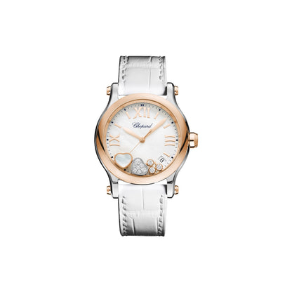 Chopard Happy Sport watch in 18k ethical rose gold and stainless steel with moving diamonds, sapphires and mother of pearl