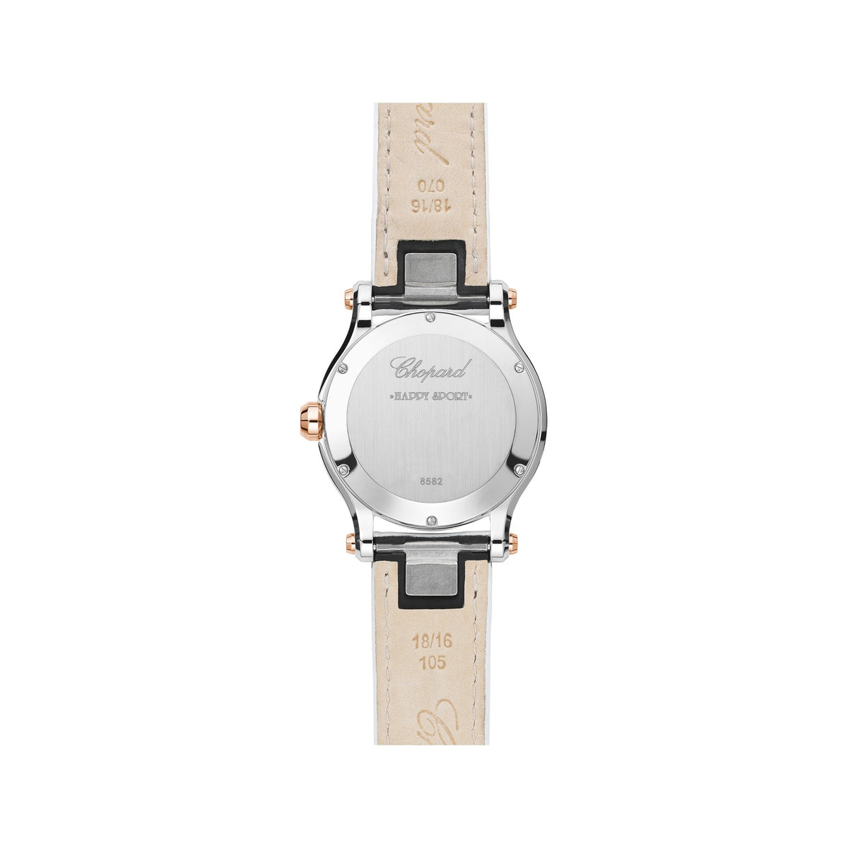 Chopard Happy Sport watch in 18k ethical rose gold and stainless steel with moving diamonds, sapphires and mother of pearl, view 2