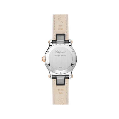 Chopard Happy Sport watch in 18k ethical rose gold and stainless steel with moving diamonds, sapphires and mother of pearl, view 2