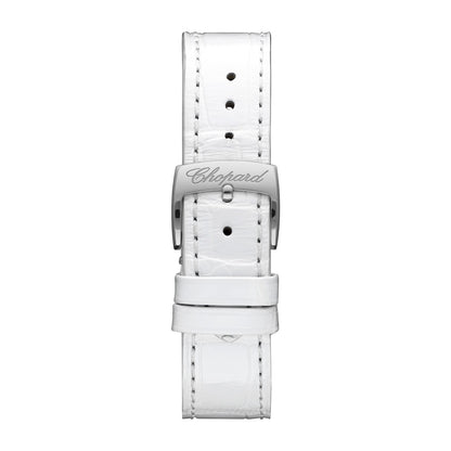 Chopard Happy Sport watch in 18k ethical rose gold and stainless steel with moving diamonds, sapphires and mother of pearl, view 4