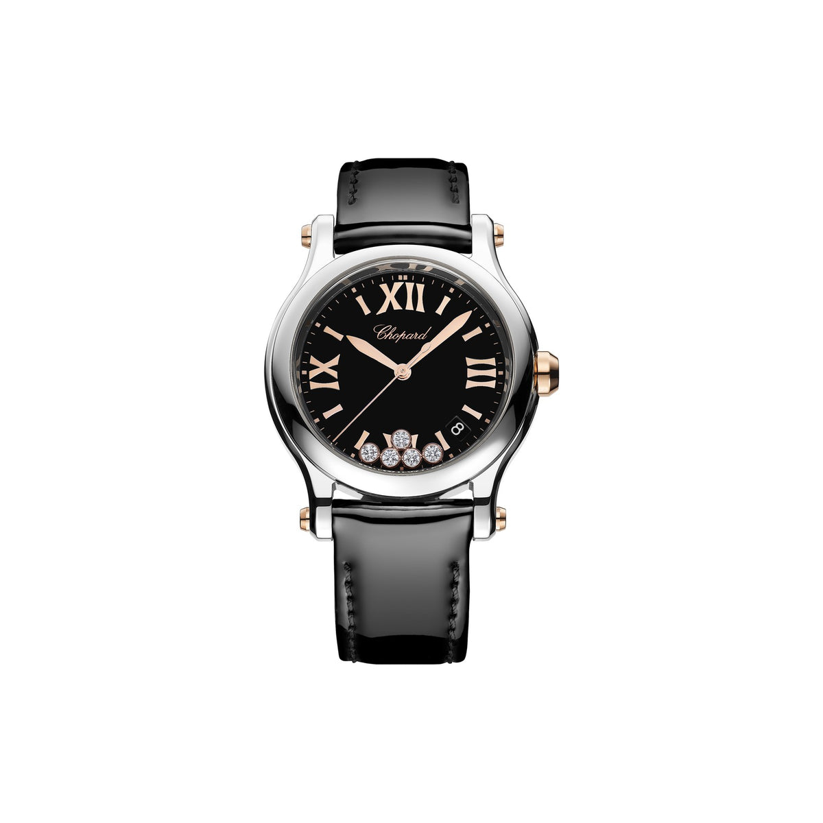 Chopard Happy Sport watch in 18k ethical rose gold and stainless steel with moving diamonds and onyx