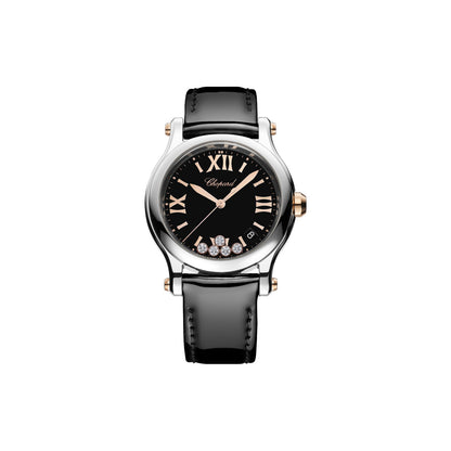 Chopard Happy Sport watch in 18k ethical rose gold and stainless steel with moving diamonds and onyx