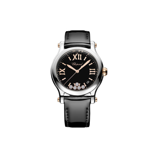 Chopard Happy Sport watch in 18k ethical rose gold and stainless steel with moving diamonds and onyx