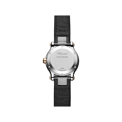 Chopard Happy Sport watch in 18k ethical rose gold and stainless steel with moving diamonds and onyx, view 2