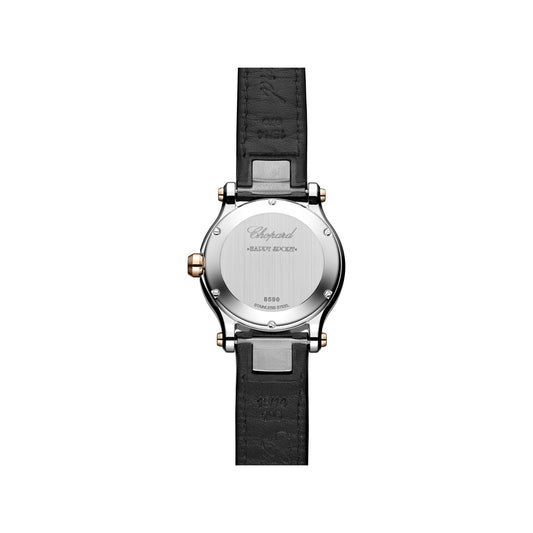 Chopard Happy Sport watch in 18k ethical rose gold and stainless steel with moving diamonds and onyx, view 2