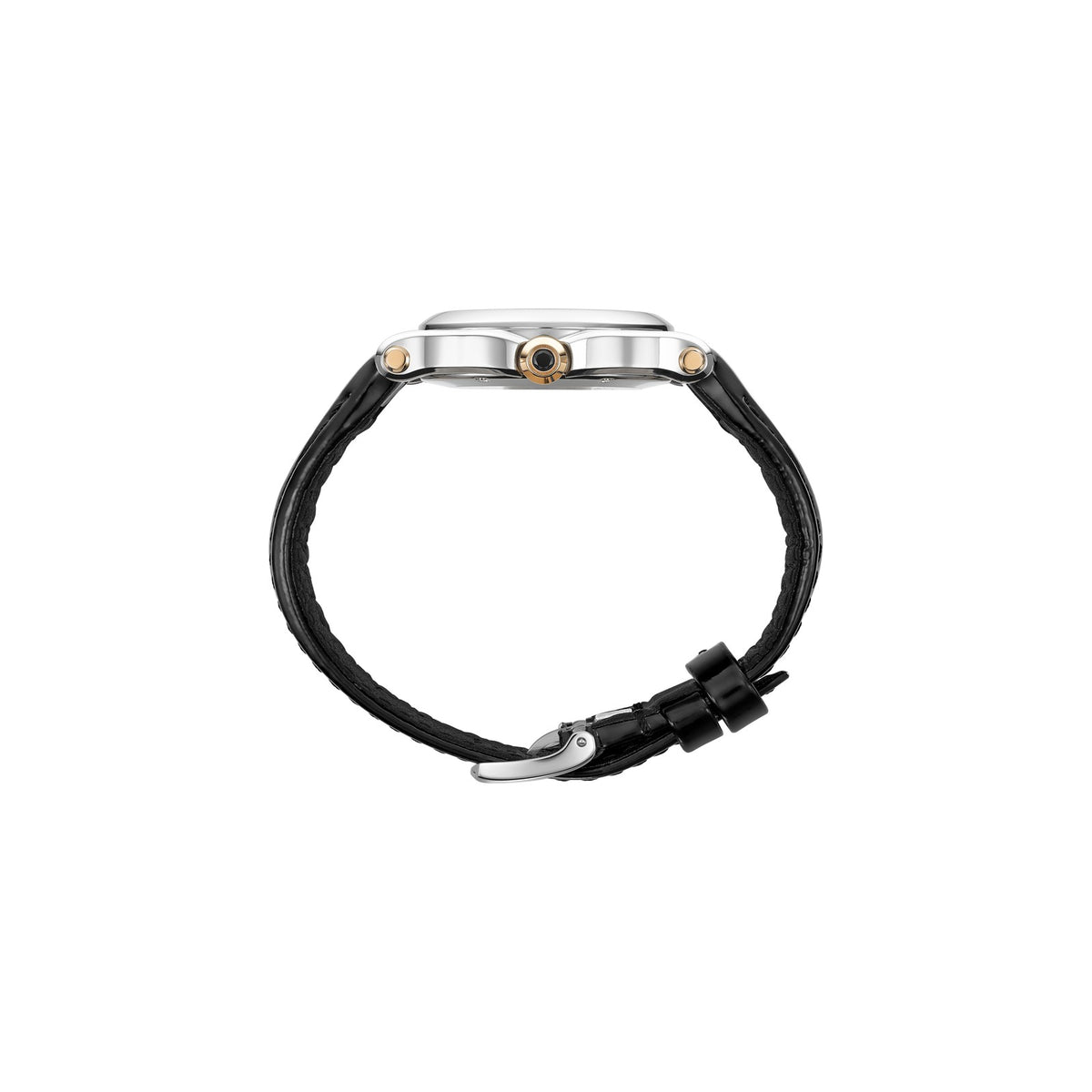 Chopard Happy Sport watch in 18k ethical rose gold and stainless steel with moving diamonds and onyx, view 3