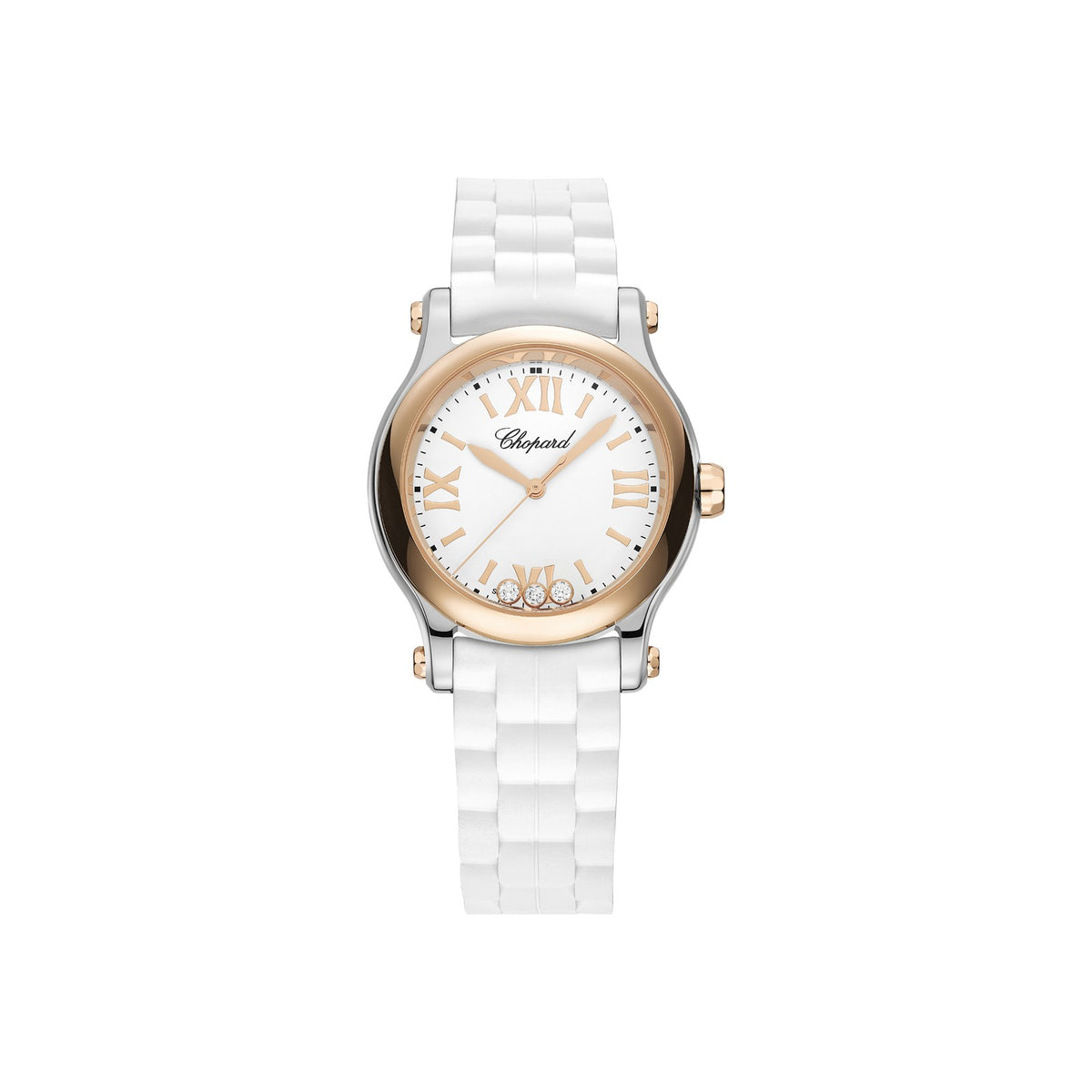 Chopard Happy Sport watch in 18k ethical rose gold and stainless steel with moving diamonds and sapphires