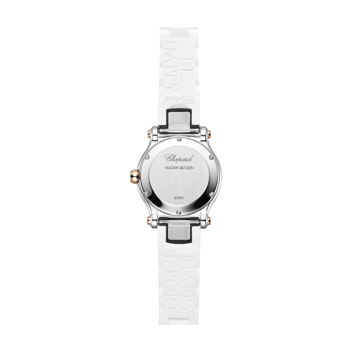 Chopard Happy Sport watch in 18k ethical rose gold and stainless steel with moving diamonds and sapphires, view 2