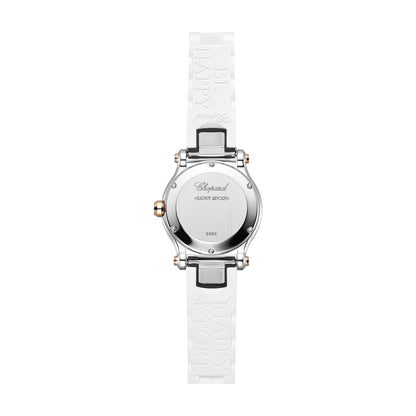 Chopard Happy Sport watch in 18k ethical rose gold and stainless steel with moving diamonds and sapphires, view 2