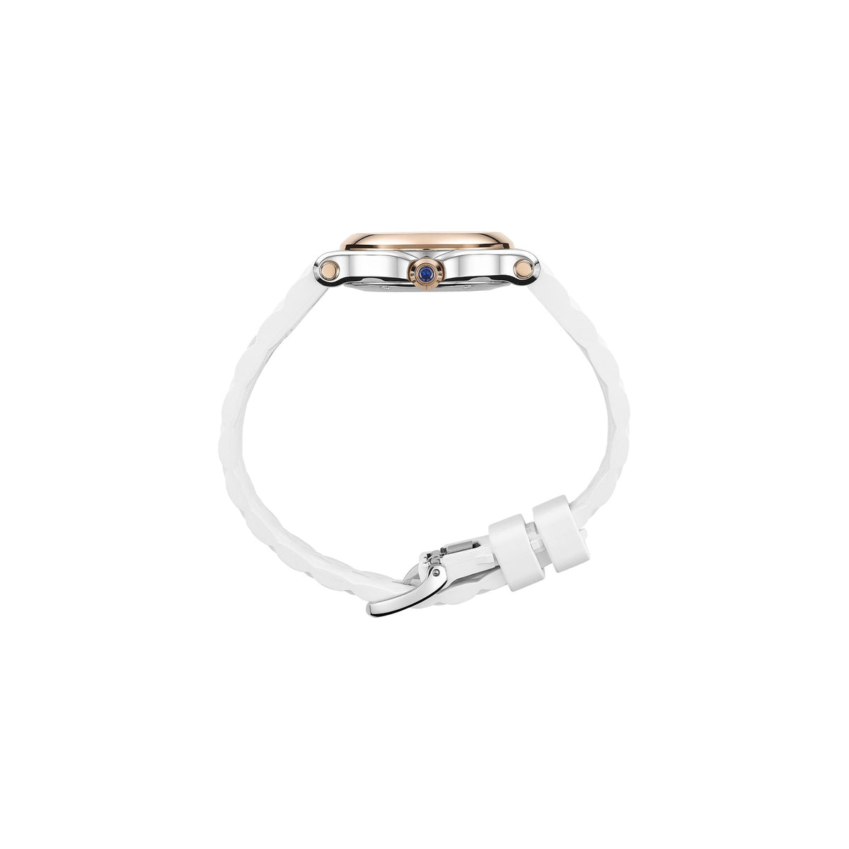 Chopard Happy Sport watch in 18k ethical rose gold and stainless steel with moving diamonds and sapphires, view 3