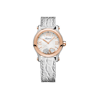 Chopard Happy Sport watch in 18k ethical rose gold and stainless steel with diamonds and mother of pearl