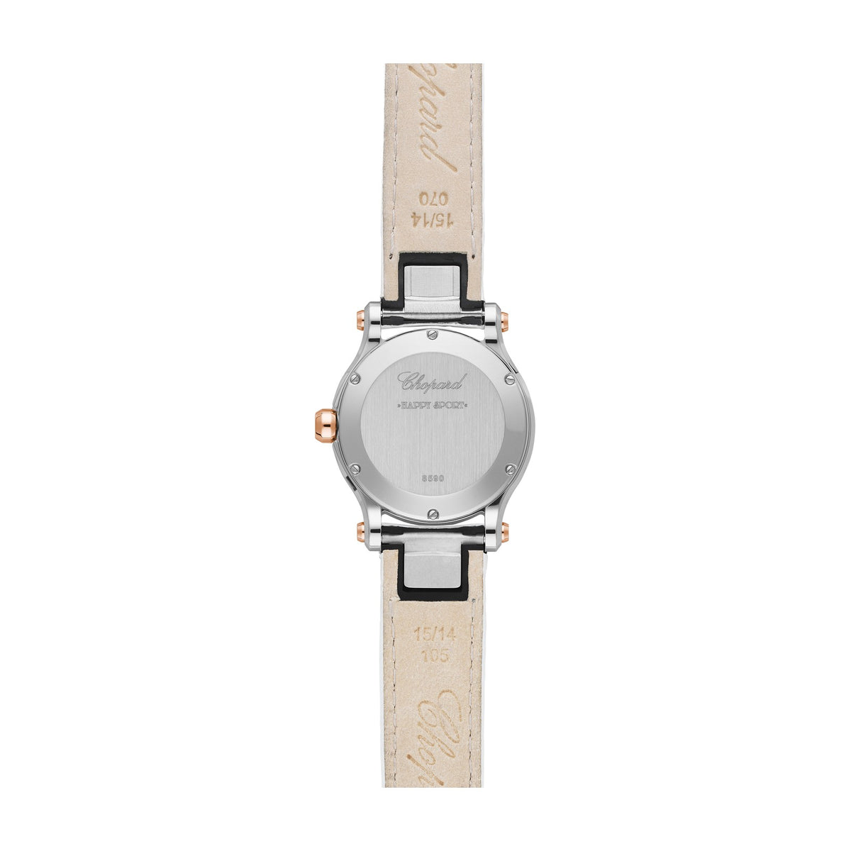 Chopard Happy Sport watch in 18k ethical rose gold and stainless steel with diamonds and mother of pearl, view 2