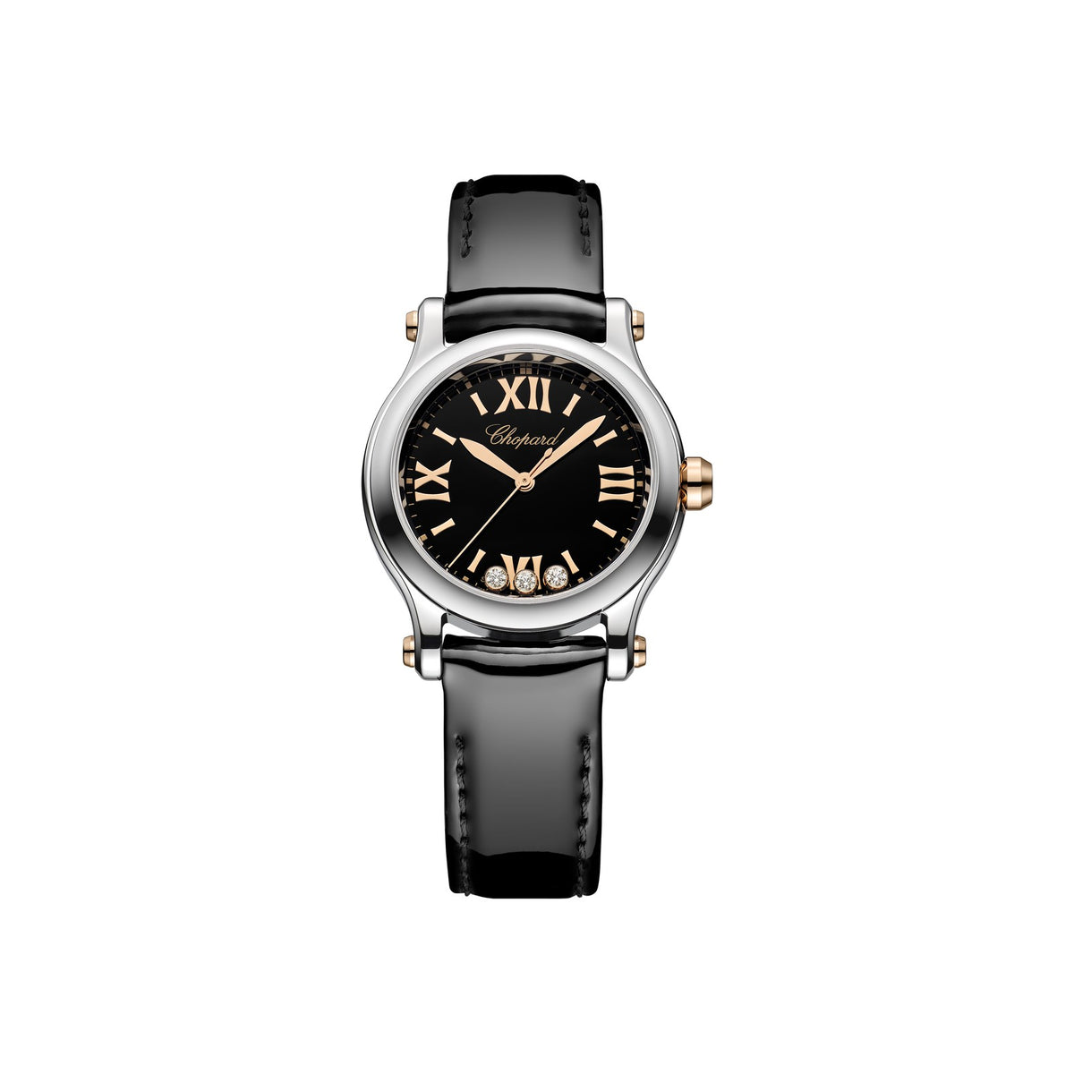 Chopard Happy Sport watch in 18k ethical rose gold and stainless steel with moving diamonds and onyx
