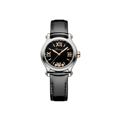 Chopard Happy Sport watch in 18k ethical rose gold and stainless steel with moving diamonds and onyx