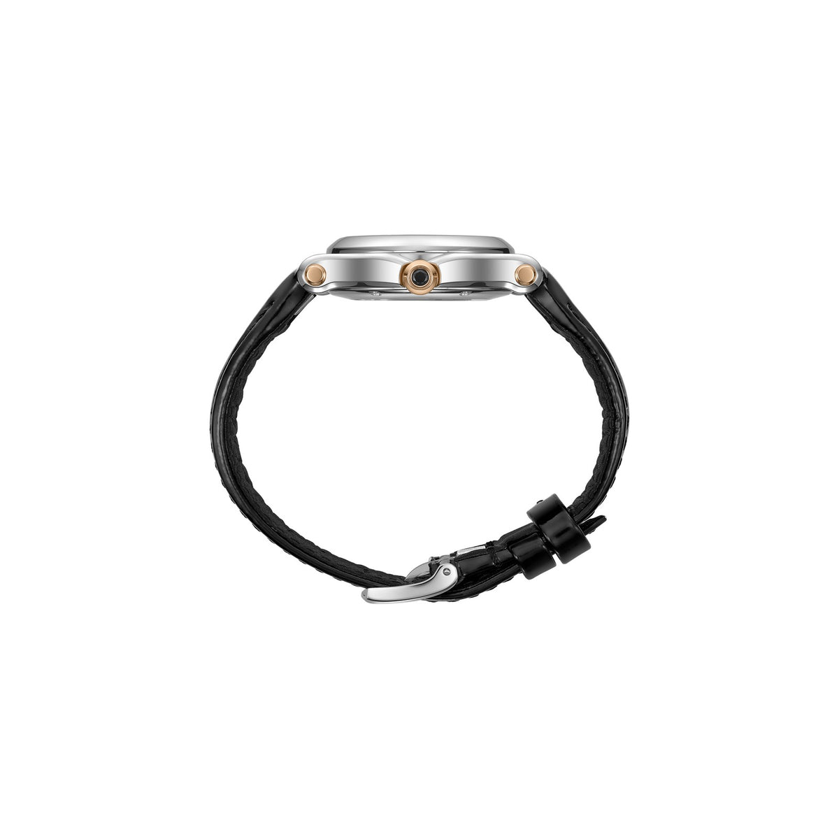 Chopard Happy Sport watch in 18k ethical rose gold and stainless steel with moving diamonds and onyx, view 3